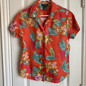 Lauren Ralph Lauren Petite floral linen shirt sleeve button down P/M